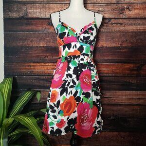 Snap Sleeveless Sundress Size 7 Lined Padded Tie Back Multicolor Floral Dress
